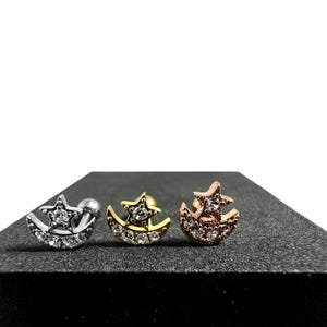 Brinco CZ Crescent e Star Tragus, Hélix e Cartilagem | Aço cirúrgico 316L | 16G (1,2 mm) | Aço, PVD dourado e PVD ouro rosa