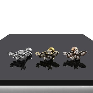 CZ Jewelled Floral Tragus, Helix & Cartilage Stud | 316L Surgical Steel | 16G (1.2mm) | Steel, Gold PVD and Rose Gold PVD | Gift for Girls