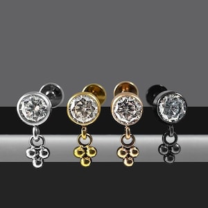 CZ-sieraden met bungelende bal Draadloze push-fit platte achterkant tragus, helix en kraakbeenknop | G23-titaan | Meerdere maten en kleuren