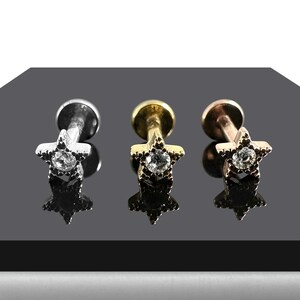 Pequeno pino de tragus, hélice e cartilagem com rosca interna em forma de estrela com joias | Aço cirúrgico 316L | 16G (1,2 mm) | Aço, PVD dourado e PVD dourado rosa