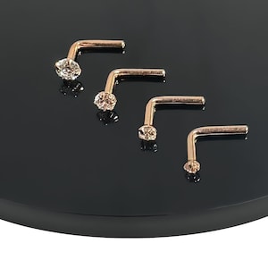 L字型ノーズスタッド 9K ローズゴールド - ハンドメイド CZ ゴールド ノーズピン 24G/22G/20G/18G - ミニマリスト ノーズピアス ジュエリー - キュービックジルコニア ノーズスタッド
