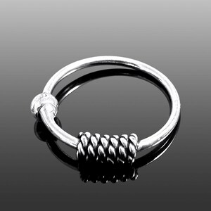 Könnte beinhalten: Ein silberner Nasenring mit Kugelverschluss und geflochtenem Design. Der Ring ist kreisförmig und hat eine polierte Oberfläche, die das Licht reflektiert. Der geflochtene Abschnitt fügt Textur hinzu.