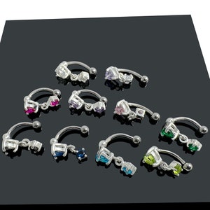 925 Sterling Silver Heart Dangling Jeweled Eyebrow Ring - 16G (1.2mm) - Multiple CZ Colors - Silver and Gold-Plated Options - Rook Piercing