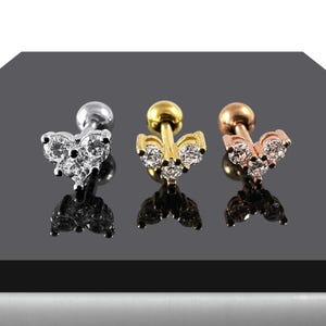 Triple CZ Cluster Heart Cartilage Stud | 316L Surgical Steel | 16G (1.2mm) | Steel, Gold PVD and Rose Gold PVD | Gift for Girls