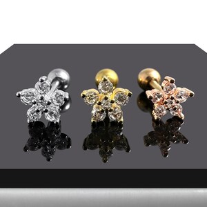 Round CZ Jewelled Flower Tragus, Helix & Cartilage Stud | 316L Surgical Steel | 16G (1.2mm) | Steel, Gold PVD and Rose Gold PVD