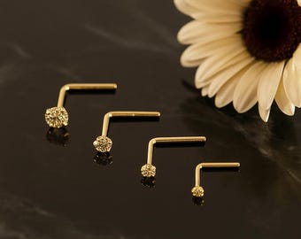 Gebogen neusstekker 9 kt geelgoud | Handgemaakte CZ gouden neuspin 24G/22G/20G/18G | Minimalistische neuspiercingsieraden | Neusstekers met zirkonia
