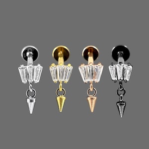 Baguette CZ Jewelled With Dangling Cone Push-Fit Flat Back Tragus, Helix & Cartilage Stud | G23 Grade Titanium | Multiple Sizes and Colours