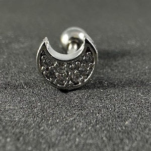 CZ Jewelled Crescent Tragus, Helix & Cartilage Stud | 316L Surgical Steel | 16G (1.2mm) | Elegant Piercing Jewellery | Gift For Her