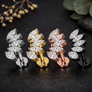 CZ Jewelled Marquise Tiara Threadless Push-Fit Flat Back Tragus, Helix & Cartilage Stud | G23 Grade Titanium | Multiple Colour and Sizes
