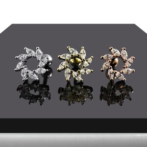 Marquise CZ Jewelled Swirl Flower Tragus, Helix & Cartilage Stud | 316L Surgical Steel | 16G (1.2mm) | Steel, Gold PVD and Rose Gold PVD