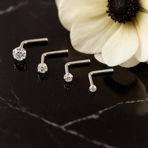 9K White Gold L-Bend Nose Stud - Handmade Minimalist Nose Piercing Jewelry - 24G/22G/20G/18G Nose Pin Solid Gold with Clear Cubic Zirconia