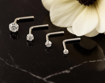 9K White Gold L-Bend Nose Stud - Handmade Minimalist Nose Piercing Jewelry - 24G/22G/20G/18G Nose Pin Solid Gold with Clear Cubic Zirconia