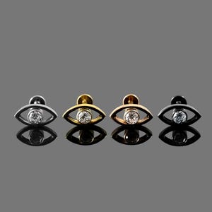 CZ Jewelled Evil Eye Design Threadless Push-Fit Flat Back Tragus, Helix & Cartilage Stud | G23 Grade Titanium | Multiple Sizes and Colours