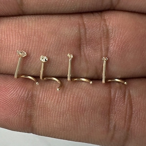 9K Massivgold Nasenstecker mit echten Diamanten - Korkenzieher Design - 20G (0,8 mm) - Verschiedene Diamantgrößen