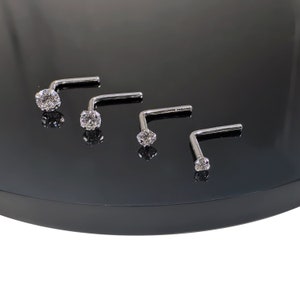 9K ホワイト ゴールド L ベンド ノーズ スタッド - ハンドメイド ミニマリスト ノーズ ピアス ジュエリー - 24G/22G/20G/18G ノーズ ピン ソリッド ゴールド クリア キュービックジルコニア付き