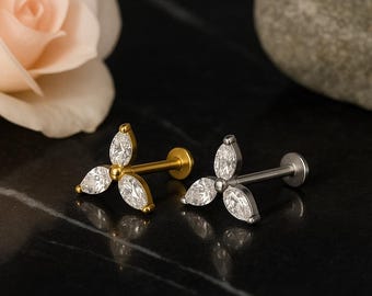 18G/16G Titanium CZ Trio Ear Stud Threadless Flat Back Earrings, Gold Conch Earring, Cartilage Stud, Helix/Tragus/Earlobe Push Pin Stud