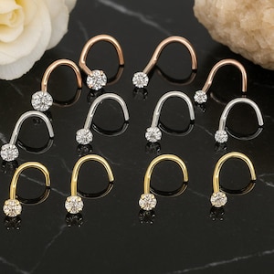 14K Solid Gold Corkscrew Nose Stud - 20G/0.8mm Nose Screw - Yellow/White/Rose Gold - Thin CZ Nose Pin Gold - Elegant Jewelry Gift for Women