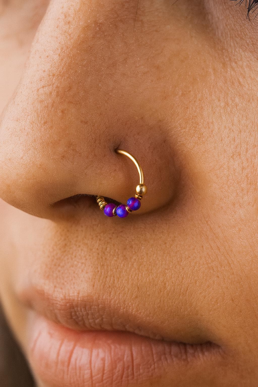 Bague Nez 9K Or Jaune Opale Perle 22G 8mm Bague Nez 9K Or Jaune Avec Opale - Anneau 22 Gauge 8mm, Triple Perle Bijou Piercing Or Jaune