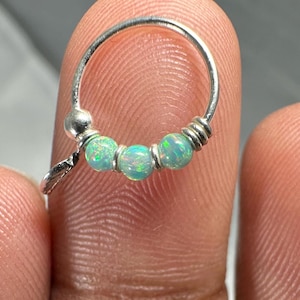 Tri Opal Beaded Silver Nose Hoop Ring with Tiny Leaf - 925 Sterling Silver Earring 22G/0.6mm - Coloured Opal Stones - Dangle Huggie Hoop 8mm