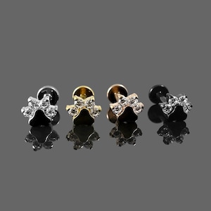 CZ Jewelled Paw Threadless Push-Fit Flat Back Tragus, Helix & Cartilage Stud | G23 Grade Titanium | Available in Multiple Colour and Sizes