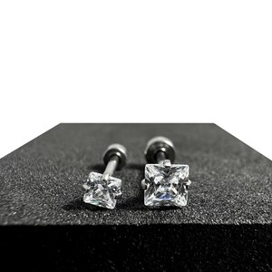 Square CZ Jewelled Tragus, Helix & Cartilage Stud with Disc Base | 316L Surgical Steel | 16G (1.2mm) | 3mm and 4mm Stone Size