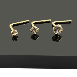 プレミアム 18K ゴールド L 字型ノーズスタッド CZ 付き - 22G (0.6 mm) ピアス: 1.5 mm、2 mm、または 2.5 mm CZ サイズをお選びください