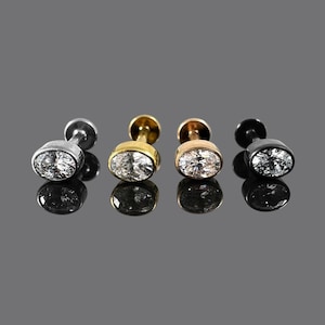 Oval CZ Jewelled Threadless Push-Fit Flat Back Tragus, Helix & Cartilage Stud | G23 Grade Titanium | Available in Multiple Colour and Sizes