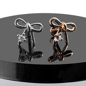 Tiny CZ Jewelled Bow Internally Threaded Tragus, Helix & Cartilage Stud | 316L Surgical Steel | 16G (1.2mm) | Steel and Rose Gold PVD