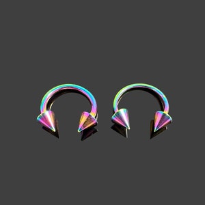 316Lサージカルスチール製外ネジ付き円形バーベル、コーン付き - 16G(1.2 mm) および 14G(1.4 mm) - レインボーアルマイト仕上げ - 複数のサイズ