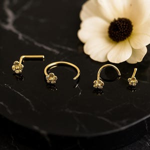 9K Gold Flower Nose Stud: Handmade Dainty Piercing Jewelry