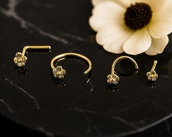 9K massief gouden bloem neusstekker 22G neusbeen/kurkentrekker/hoepelring/L-bocht neuspin massief geelgouden stud sierlijke handgemaakte piercingsieraden