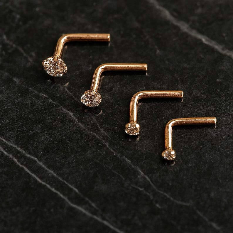 9K Rose Gold L-Bend Nose Stud – Handmade CZ Nose Pin image 2