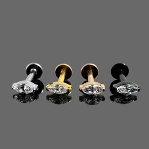 Marquise CZ Jewelled Threadless Push-Fit Flat Back Tragus, Helix & Cartilage Stud | G23 Grade Titanium | Multiple Colour and Sizes