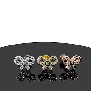 CZ Ribbon Bow Stud Earrings - Internally Threaded Flat Back Labret Studs - Surgical Steel - 16G Dainty Earrings - Bridesmaid Jewelry Gift