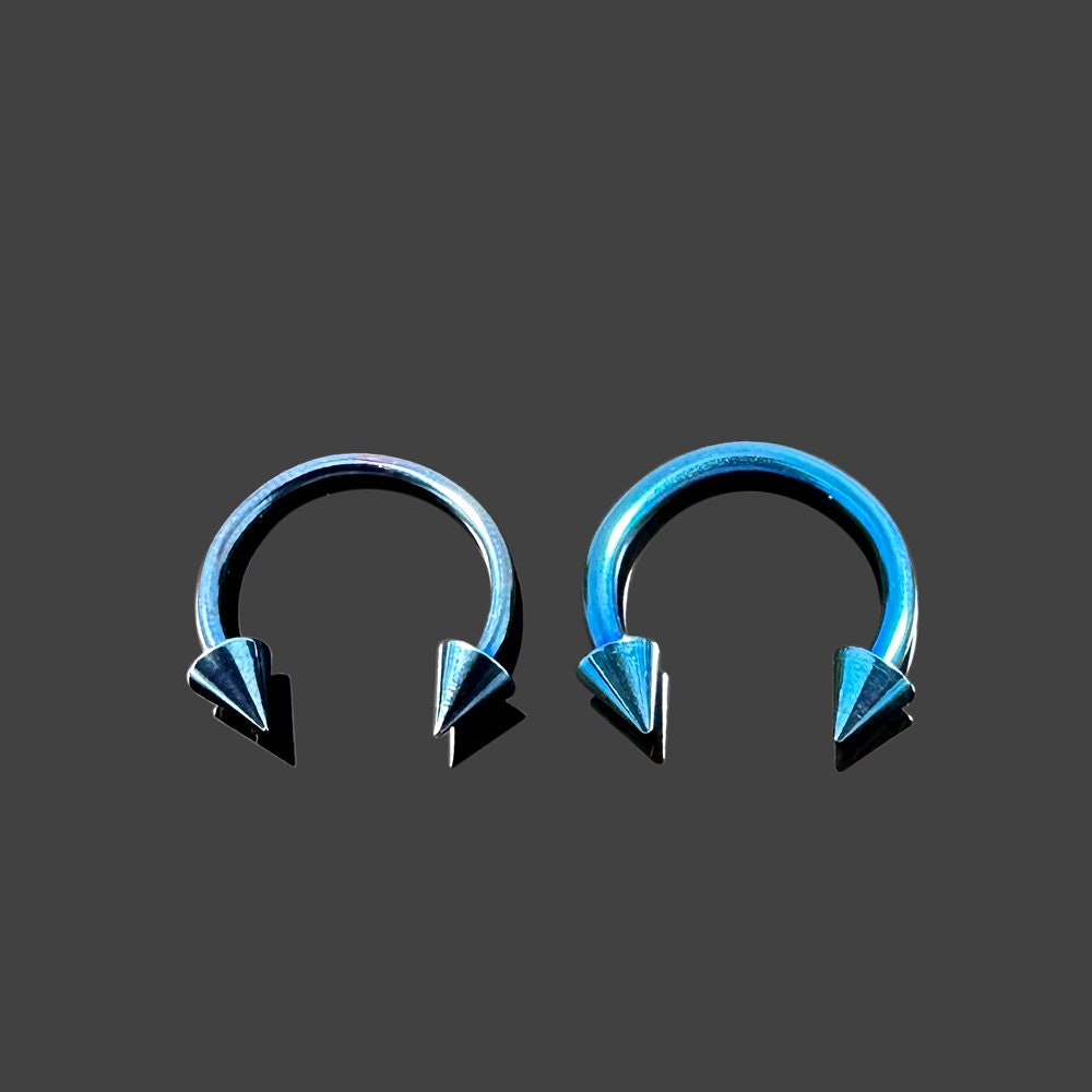 16G/14G Spike Horseshoe Septum Clicker Surgical Steel Externally Threaded Blue Anodized Circular Barbell with Cones Daith Cartilage Earrings