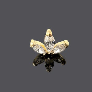May include: A gold flower-shaped nose ring with five clear marquise-shaped stones.