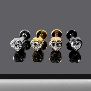 Heart CZ Jewelled Threadless Push-Fit Flat Back Tragus, Helix & Cartilage Stud | G23 Grade Titanium | Available in Multiple Colour and Sizes