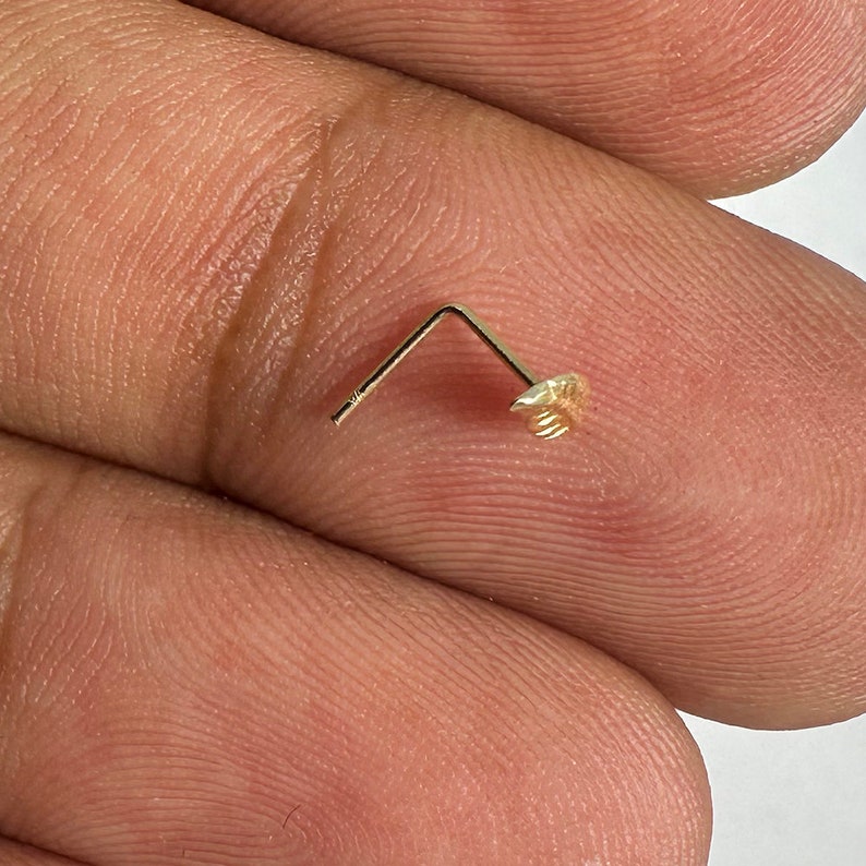 Delicate Leaf Nose Stud 9K Solid Yellow Gold - L Shaped Nose Ring Leaf Shaped - Thin 22G (0.6mm) Nostril Piercing Jewelry - Cute Nose Pin