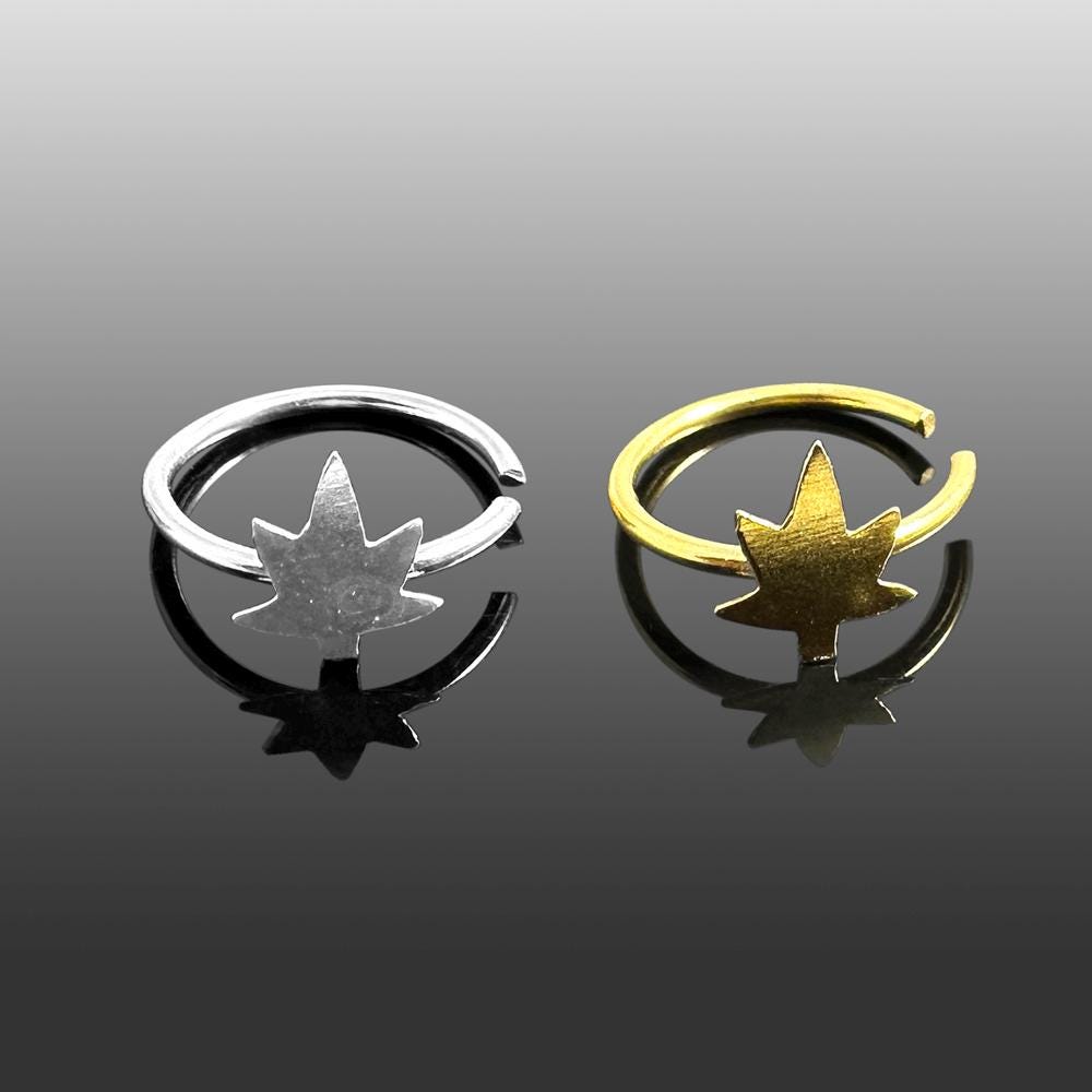 Marijuana Leaf Open Hoop Nose Ring | 925 Sterling Silver | 20G