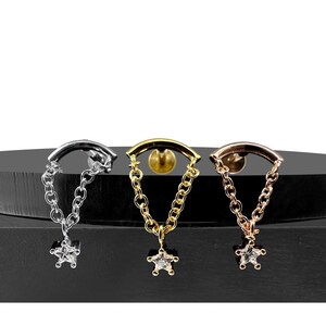 Dangle Earring Chain with CZ Star - Internally Threaded Flat Back Labret Stud - 316L Surgical Steel - 16G/1.2mm Dainty Ear Piercing Jewelry