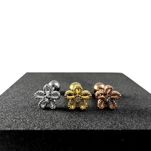 CZ Jewelled Cutout Flower Tragus, Helix & Cartilage Stud | 316L Surgical Steel | 16G (1.2mm) | Steel, Gold PVD and Rose Gold PVD