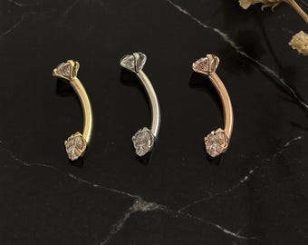9K & 14K Gold Round CZ Curved Eyebrow Bar –16G (1.2mm) - 8mm Length – Available in Yellow, White, and Rose Gold - Rook Piercing