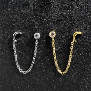 CZ runde und verzierte Mond Stecker Kette Threadless Push-Fit Flat Back Tragus, Helix & Knorpel Bolzen | G23 Grade Titan