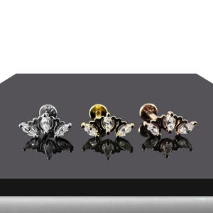 Tri Marquise Jewelled Floral Internally Threaded Tragus, Helix & Cartilage Stud | 316L Surgical Steel | 16G(1.2mm) | Multiple Colour Options