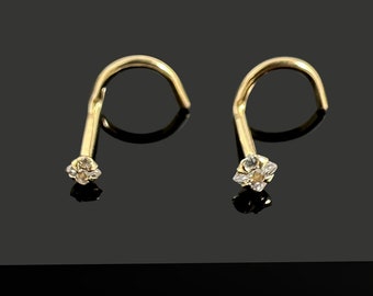 9K Solid Gold Square CZ Nose Stud Corkscrew - 20G (0.8mm) Thin Nose Screw - 1.5mm/2mm Cubic Zirconia - Curved Dainty Nose Pin 9K Yellow Gold