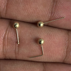 14K Gold Nose Pin Ball Top 22G 0.6mm Tiny Ear Stud | Bone, Straight Pin & L-Bend | Delicate Nose Jewelry Gold Cartilage Earring Gift for Her
