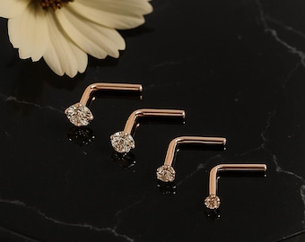 9K Rose Gold L-Bend Nose Stud – Handmade CZ Nose Pin