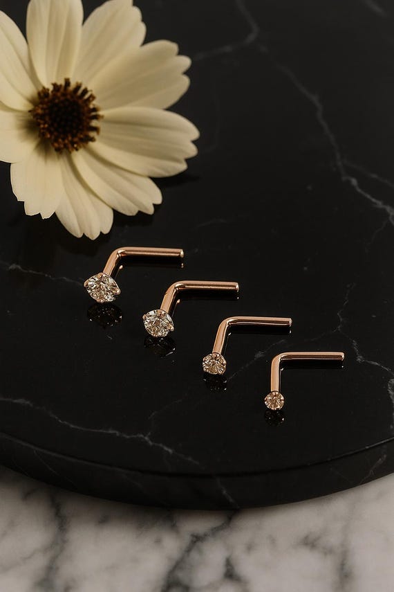 9K Rose Gold L-Bend Nose Stud – Handmade CZ Nose Pin