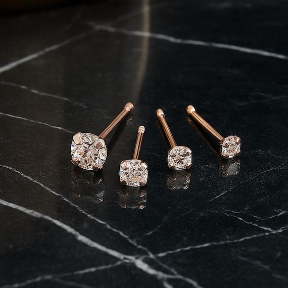 9K Rose Gold Nose Stud - Minimalist Handmade 22G (0.6mm) Gauge Ball End Piercing Jewelry - Nose Bone Stud 9K Solid Gold - Gift for Women