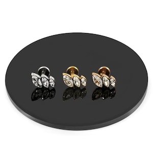 G23 Grade Titanium Triple Marquise CZ Jewelled Cartilage Stud –Available in 16G(1.2mm) -Titanium, Gold PVD and Rose Gold PVD -6mm Bar Length